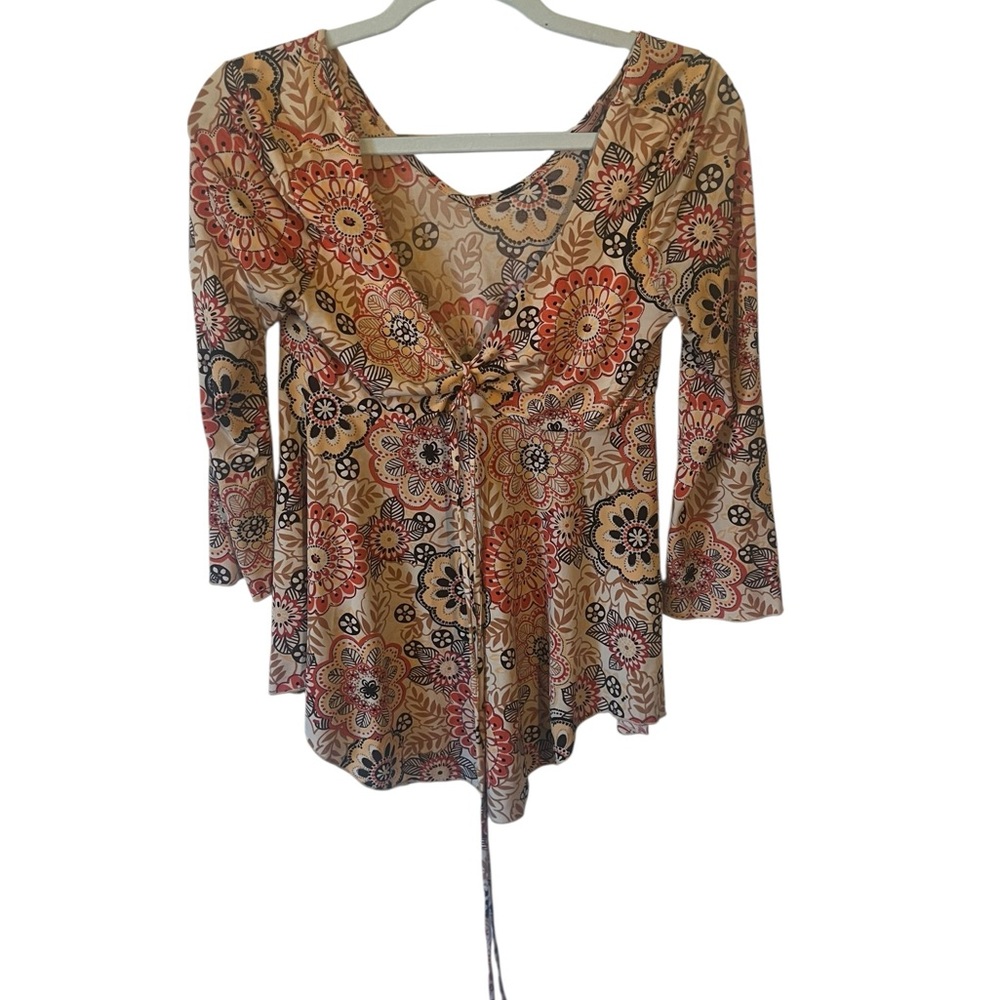 y2k vol. 1 brown orange floral mandala milkmaid tie waist top